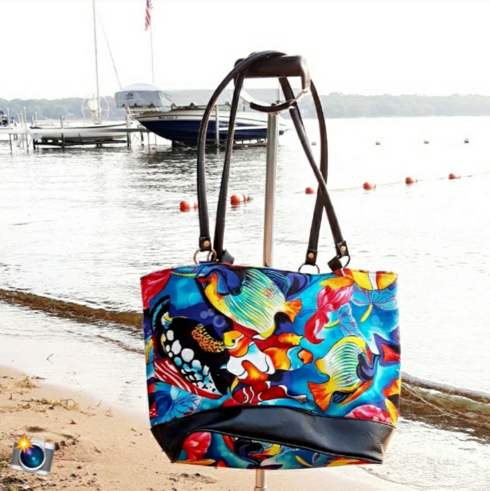 Vintage Stocko Blue Tropical Fish Print Tote / Colorful Canvas Bag